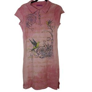 Pink Collared Floral & Bird Print Dress